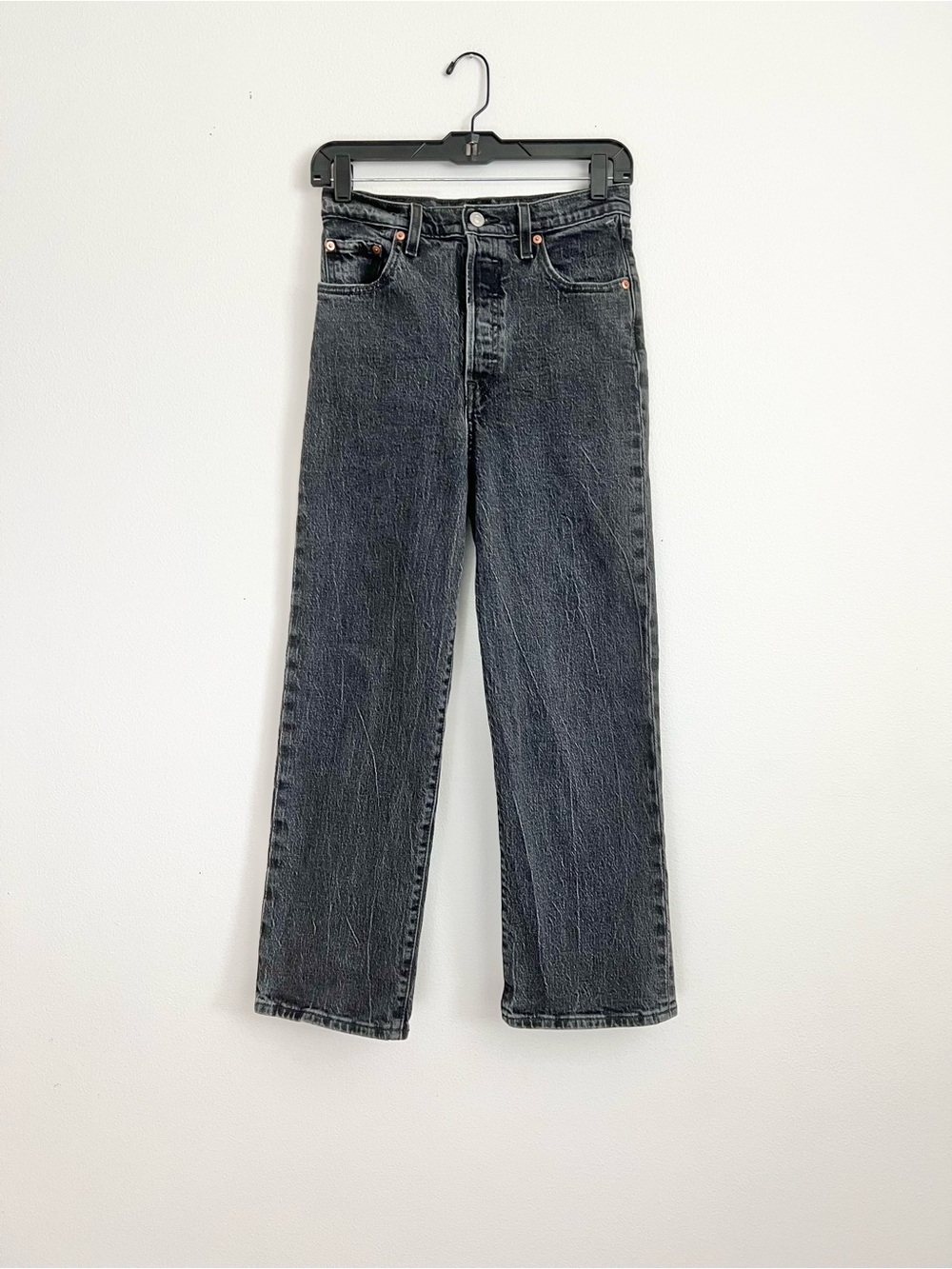Levi's Ribcage Straight Ankle Jeans High Rise Button Fly Black Minimalist Chic